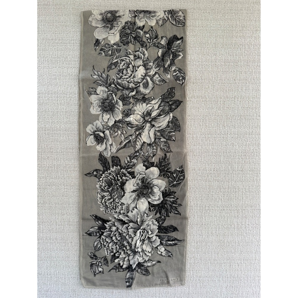 VTG Ellen Tracy Scarf Grey Black Floral Botanical Stripe Oblong Neck Wrap 11x57
